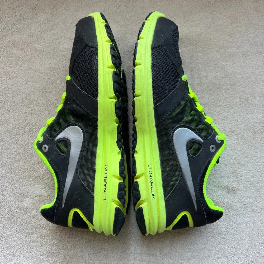 Nike Lunarlon Women 6.5 Youth 5Y Running Shoes Athletic Sneaker Black Neon Green